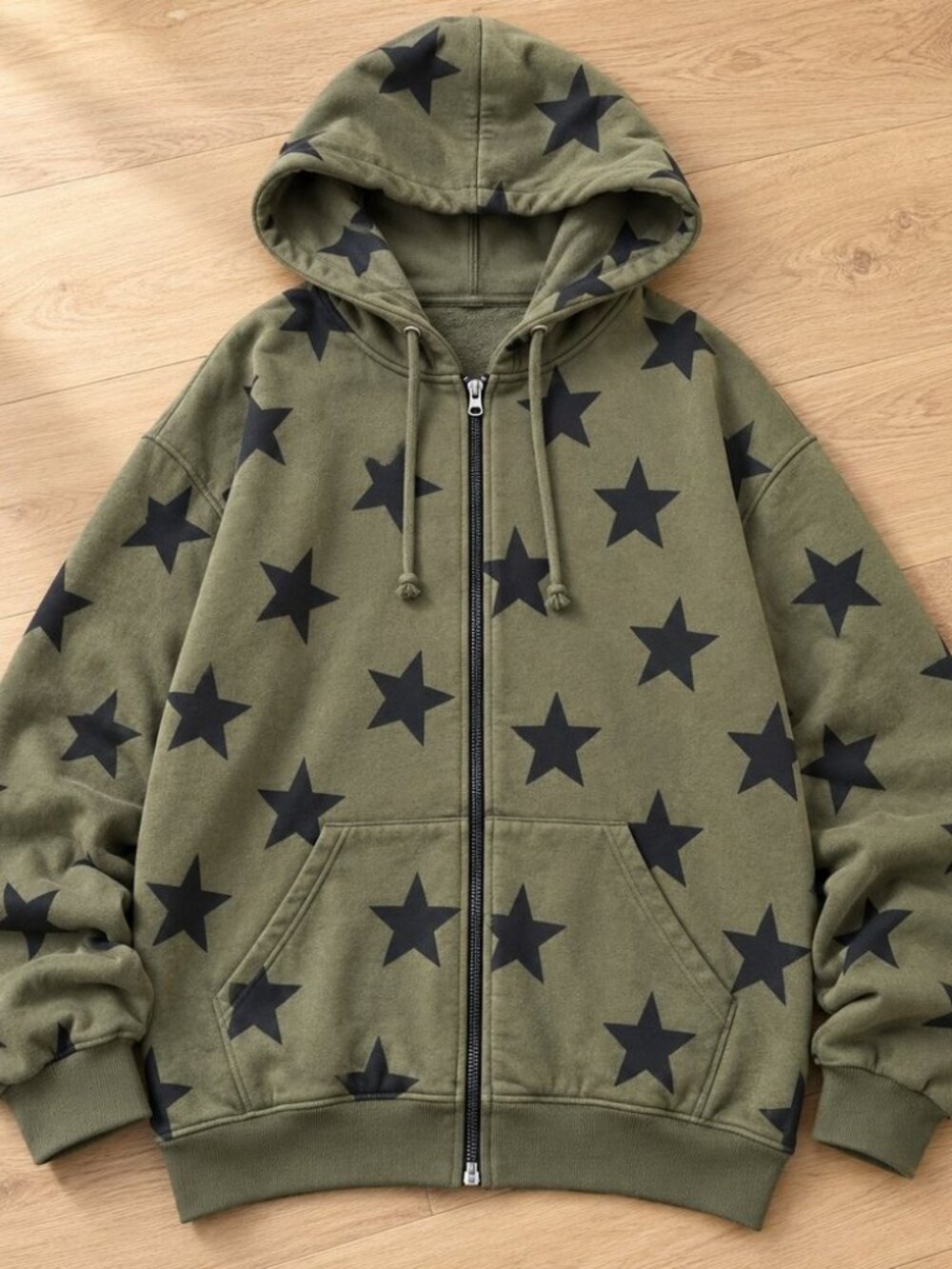 Olive green star print zip up hoodie - y2k grunge oversized hoodie